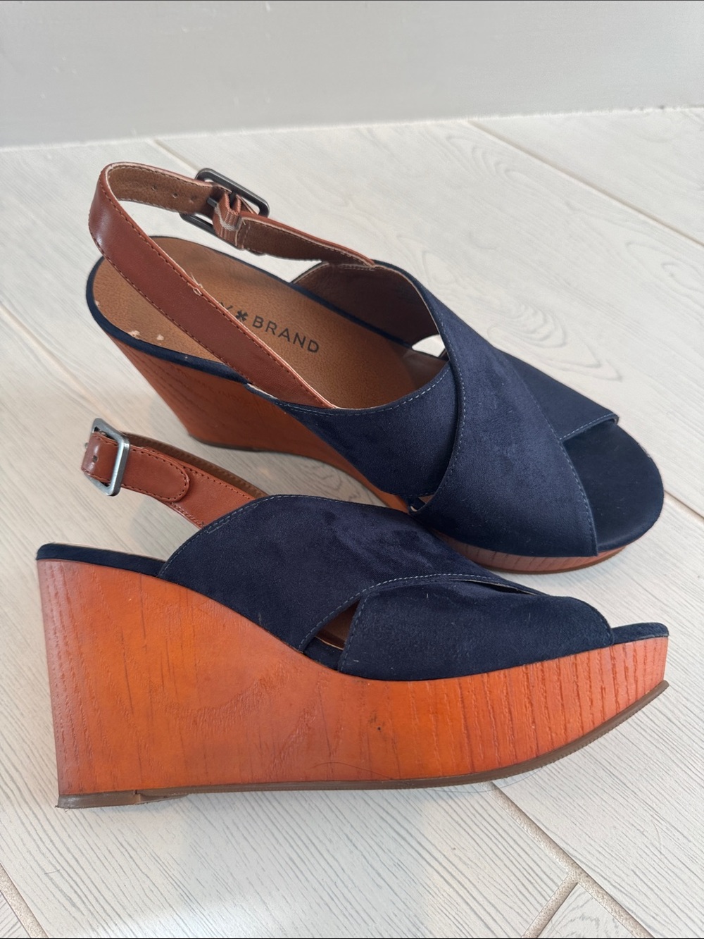 Lucky Brand Navy Suede Crisscross Wedge Sandals with Tan Ankle Strap
